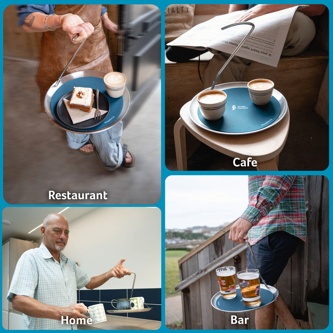 The Topple Tray in use in a restaurant, a cafe, a home and a bar