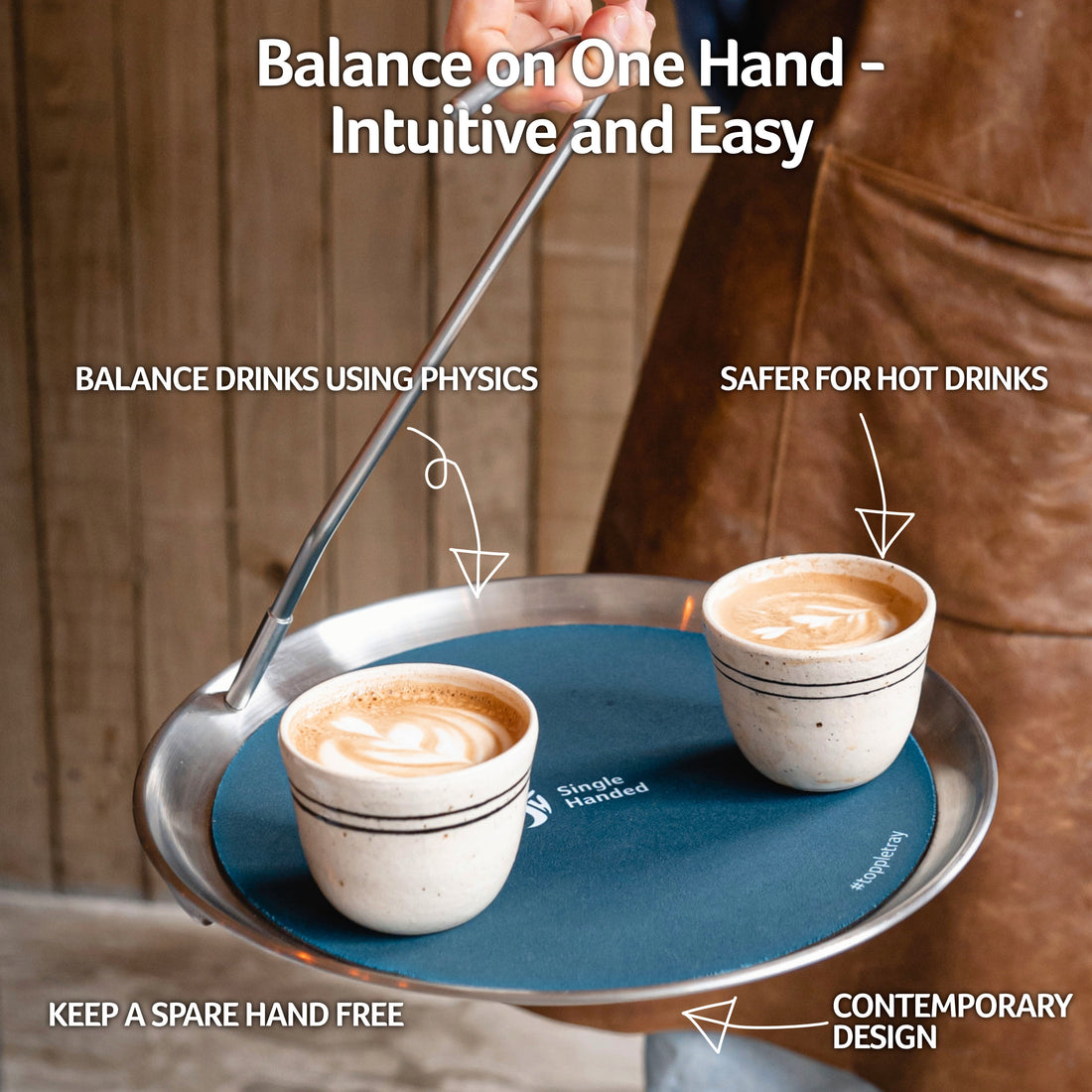 Topple Tray carried with one hand holding two hot drinks without spilling