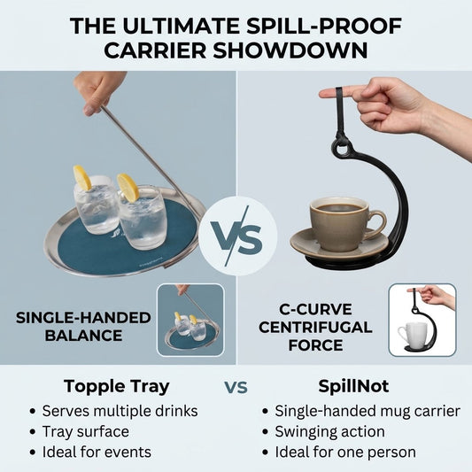 Topple Tray stainless steel single-handed serving tray vs SpillNot plastic spill-proof cup carrier comparison