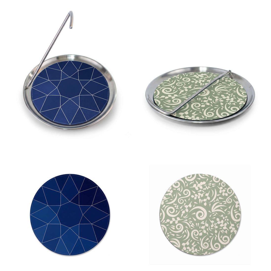 Topple Tray stainless steel serving tray shown with and without its neoprene mats
