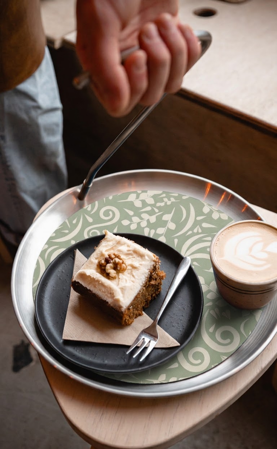 Topple Tray with the sage botanical mat carrying tea, a thoughtful Mother's Day gift for an elderly mum